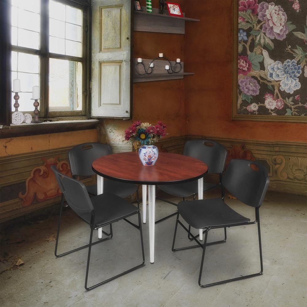 Regency Kahlo 36 in. Round Breakroom Table- Cherry Top, Chrome Base & 4 Zeng Stack Chairs- Black. Picture 7