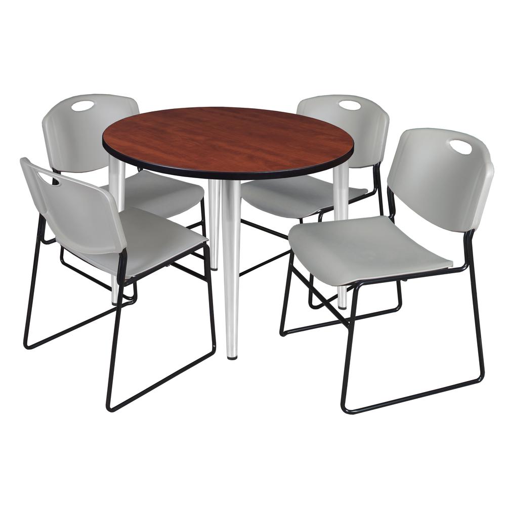 Regency Kahlo 36 in. Round Breakroom Table- Cherry Top, Chrome Base & 4 Zeng Stack Chairs- Grey. Picture 1