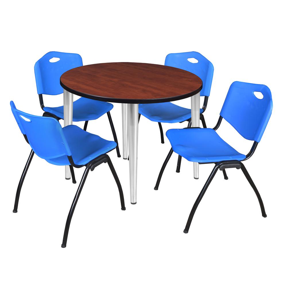 Regency Kahlo 36 in. Round Breakroom Table- Cherry Top, Chrome Base & 4 M Stack Chairs- Blue. Picture 1