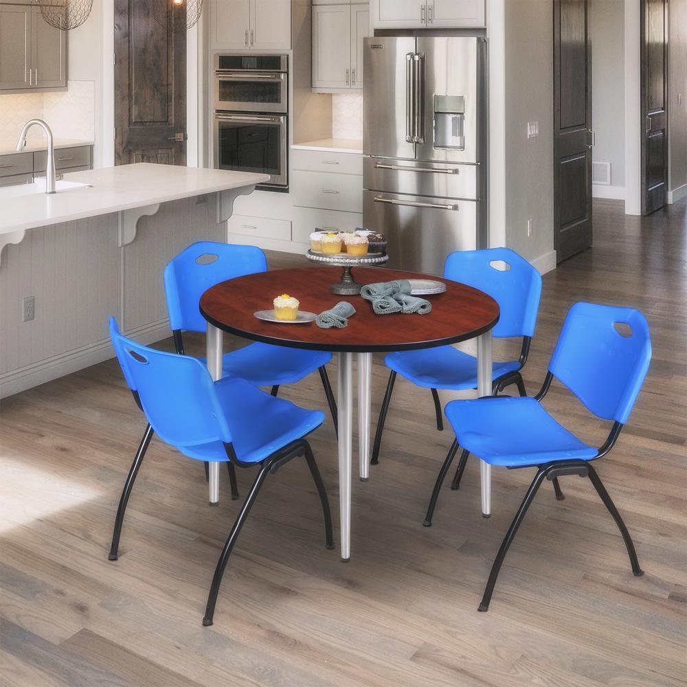 Regency Kahlo 36 in. Round Breakroom Table- Cherry Top, Chrome Base & 4 M Stack Chairs- Blue. Picture 9
