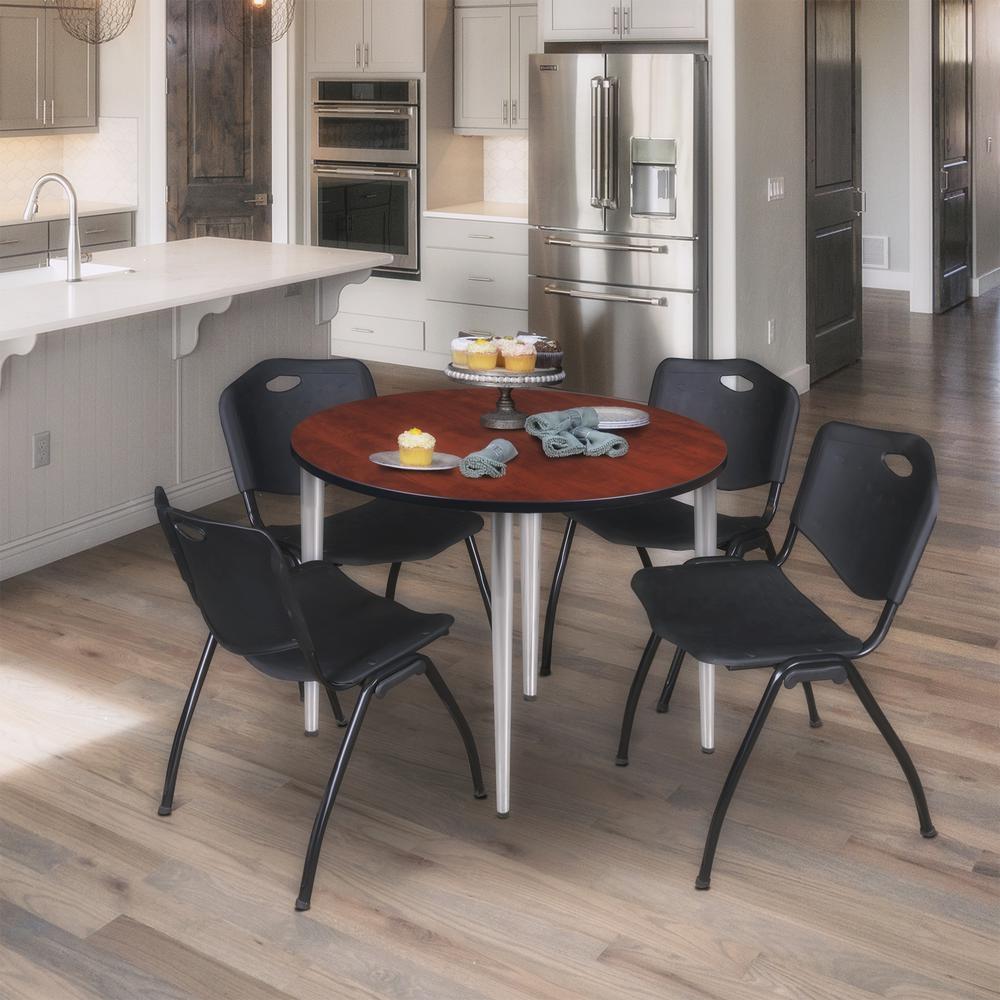 Regency Kahlo 36 in. Round Breakroom Table- Cherry Top, Chrome Base & 4 M Stack Chairs- Black. Picture 7