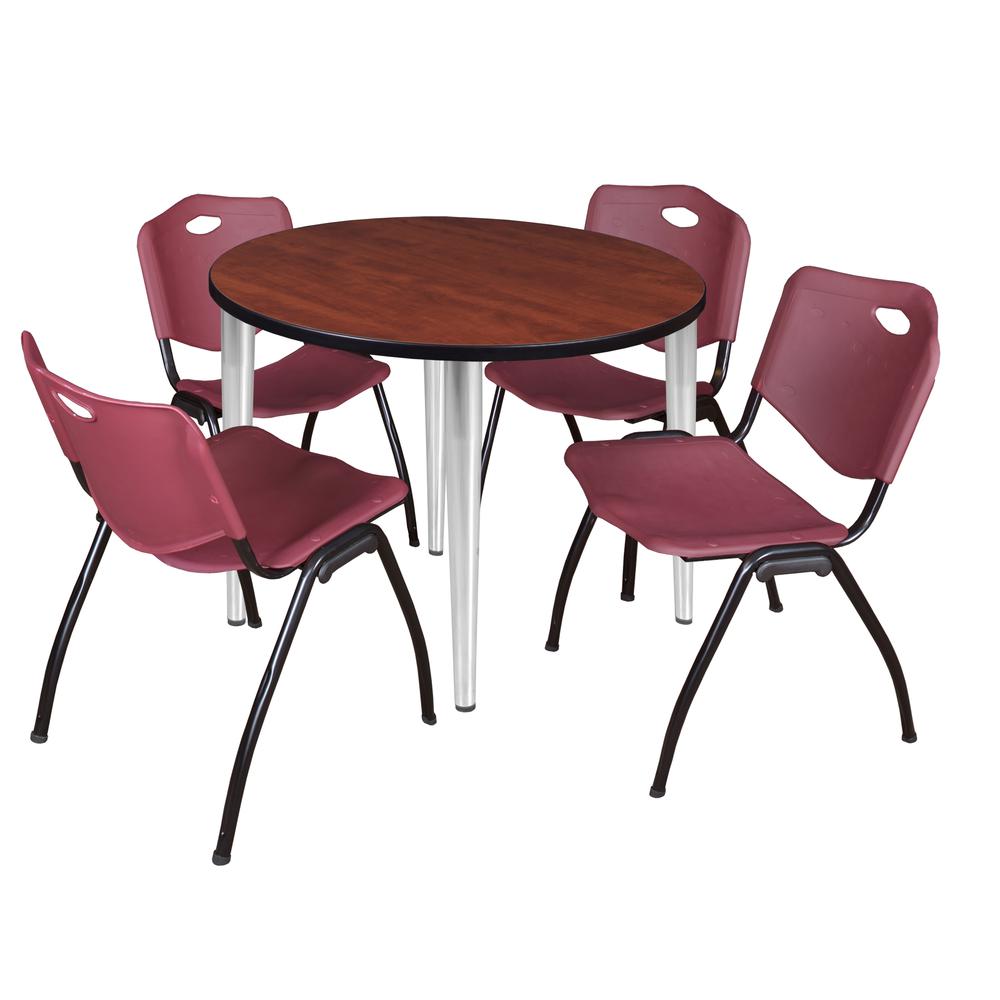 Regency Kahlo 36 in. Round Breakroom Table- Cherry Top, Chrome Base & 4 M Stack Chairs- Burgundy. Picture 1