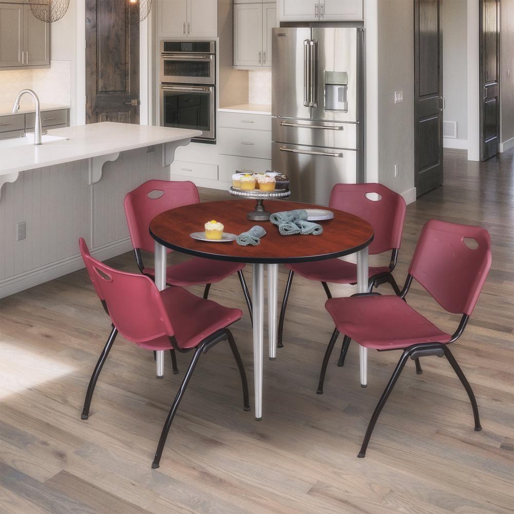 Regency Kahlo 36 in. Round Breakroom Table- Cherry Top, Chrome Base & 4 M Stack Chairs- Burgundy. Picture 7