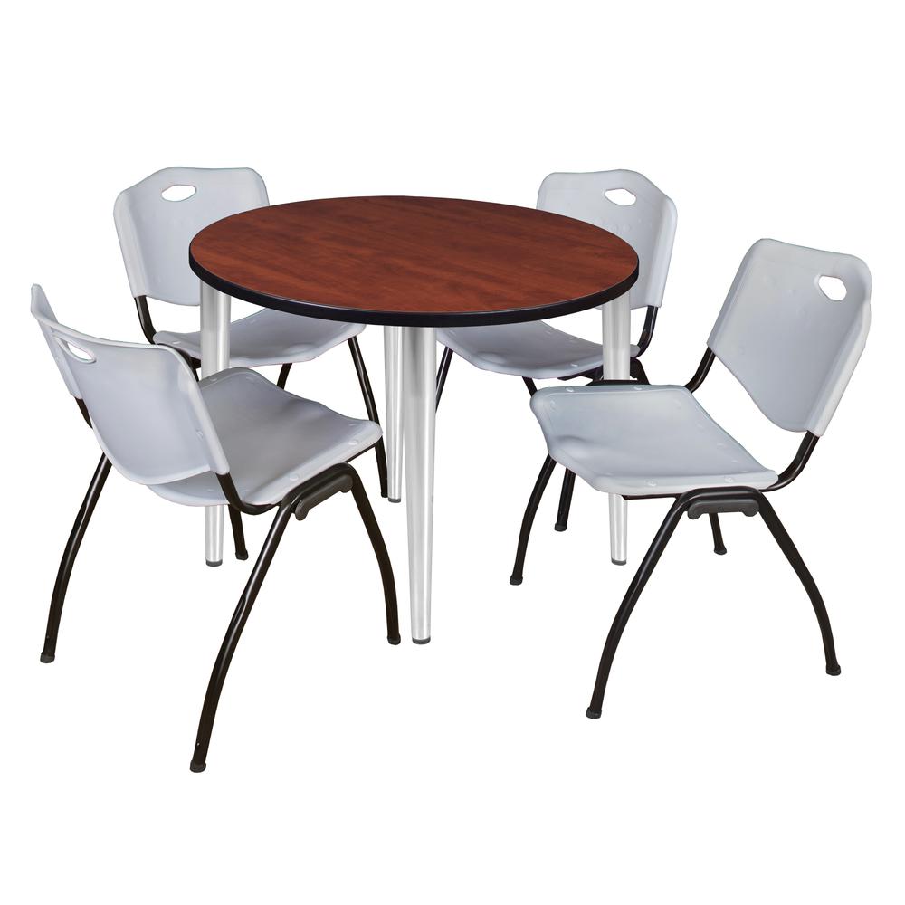 Regency Kahlo 36 in. Round Breakroom Table- Cherry Top, Chrome Base & 4 M Stack Chairs- Grey. Picture 1