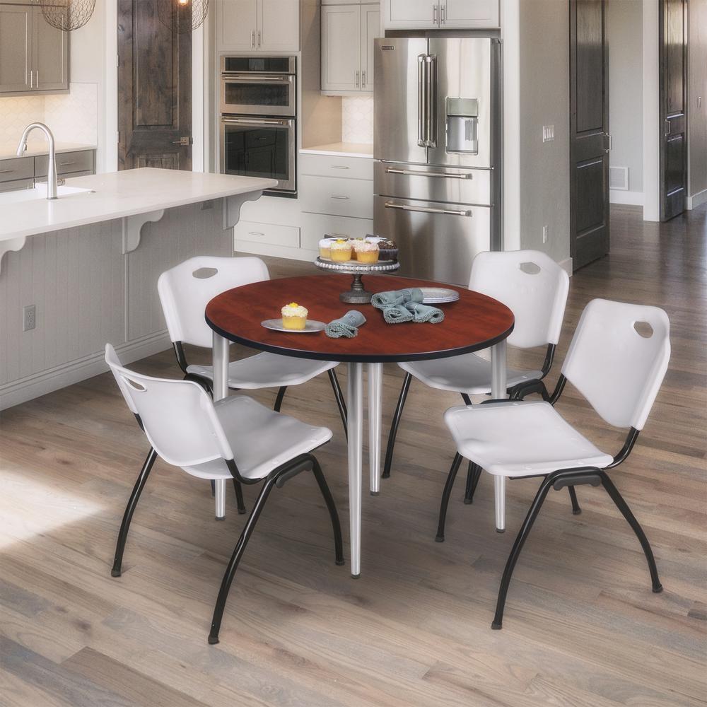Regency Kahlo 36 in. Round Breakroom Table- Cherry Top, Chrome Base & 4 M Stack Chairs- Grey. Picture 7