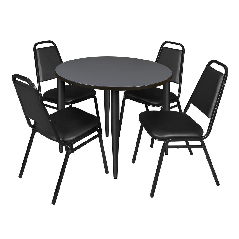 Regency Kahlo 36 in. Round Breakroom Table- Grey Top, Black Base & 4 Restaurant Stack Chairs- Black. Picture 1