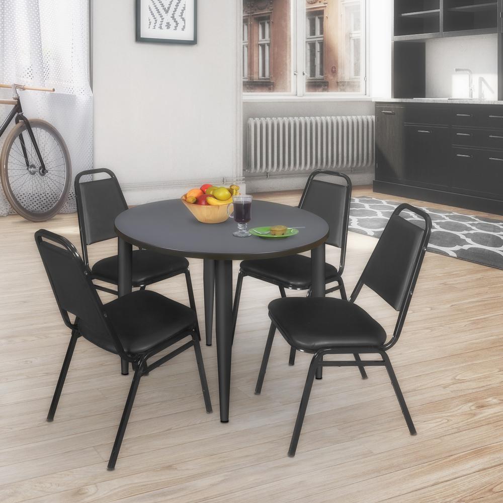Regency Kahlo 36 in. Round Breakroom Table- Grey Top, Black Base & 4 Restaurant Stack Chairs- Black. Picture 7