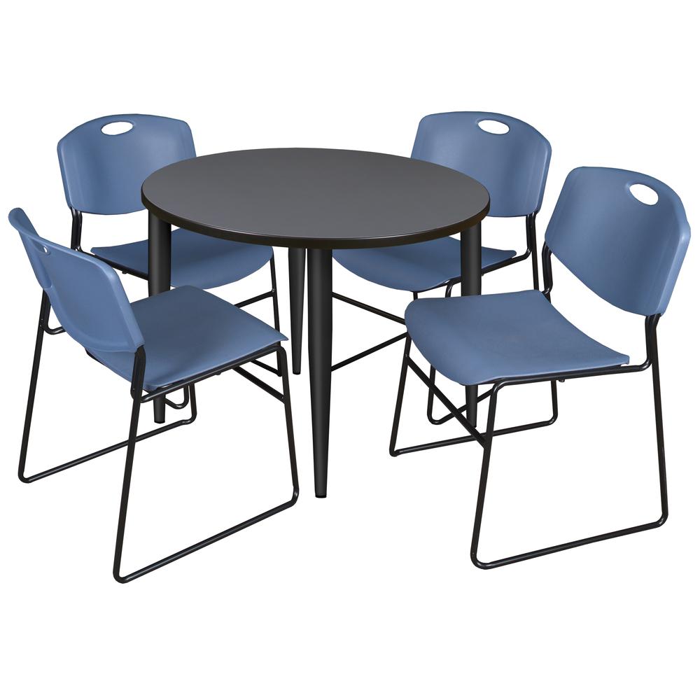 Regency Kahlo 36 in. Round Breakroom Table- Grey Top, Black Base & 4 Zeng Stack Chairs- Blue. Picture 1