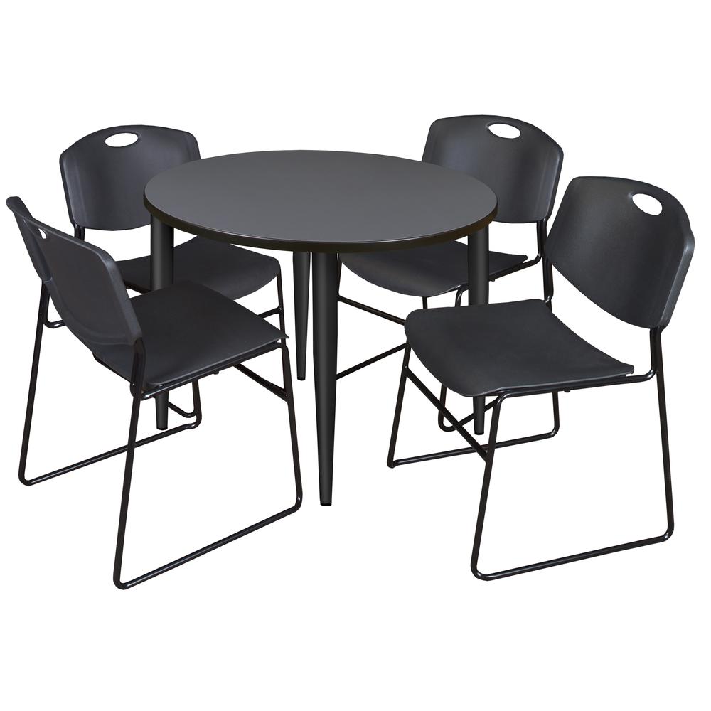 Regency Kahlo 36 in. Round Breakroom Table- Grey Top, Black Base & 4 Zeng Stack Chairs- Black. Picture 1