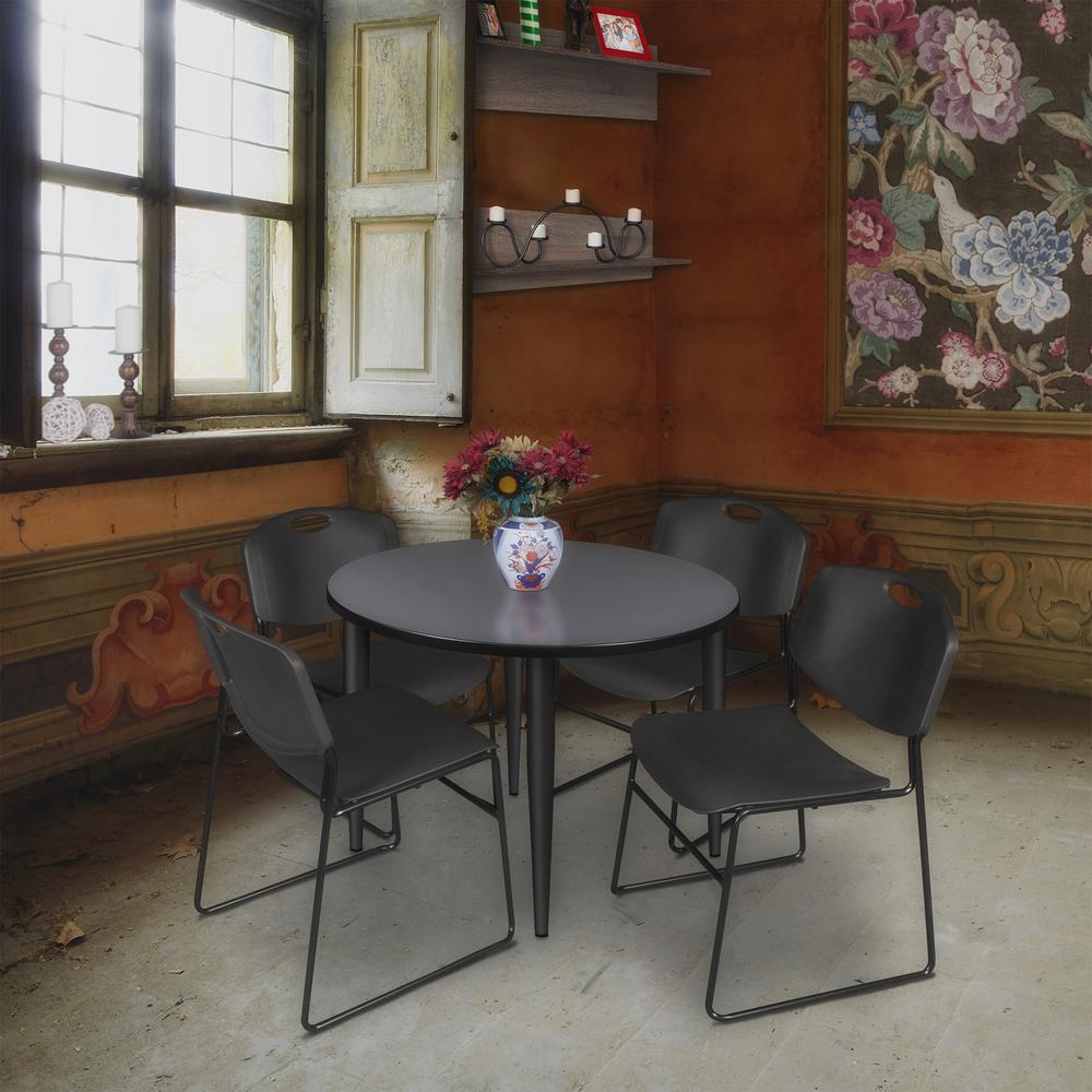 Regency Kahlo 36 in. Round Breakroom Table- Grey Top, Black Base & 4 Zeng Stack Chairs- Black. Picture 7