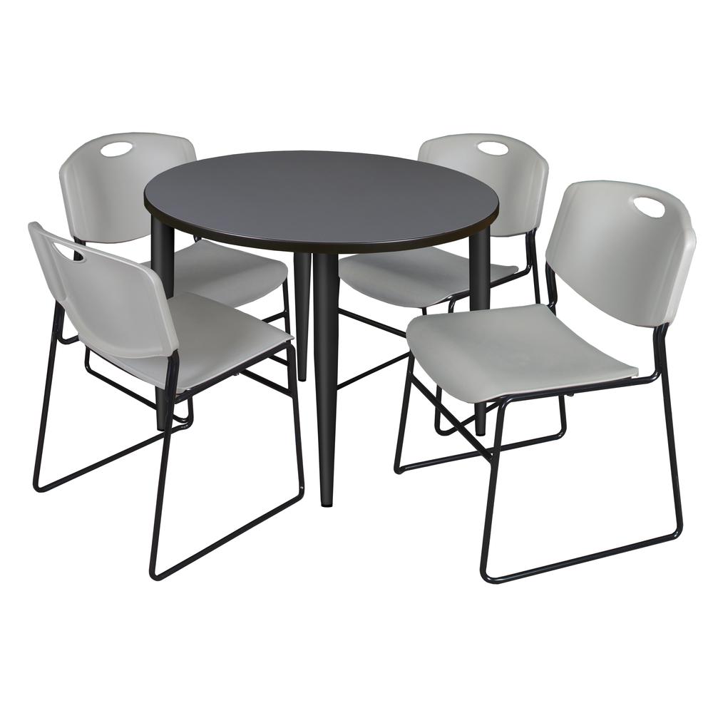 Regency Kahlo 36 in. Round Breakroom Table- Grey Top, Black Base & 4 Zeng Stack Chairs- Grey. Picture 1