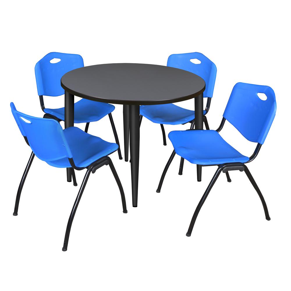 Regency Kahlo 36 in. Round Breakroom Table- Grey Top, Black Base & 4 M Stack Chairs- Blue. Picture 1