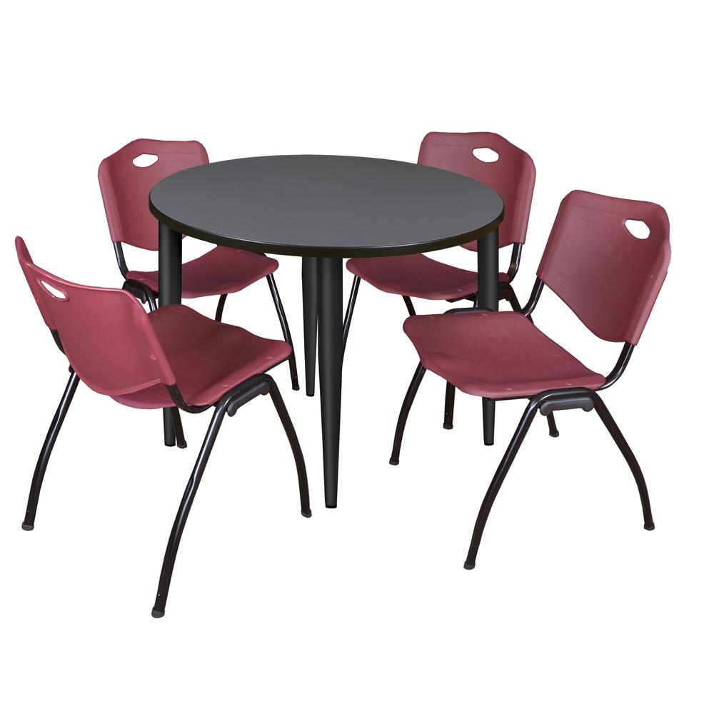 Regency Kahlo 36 in. Round Breakroom Table- Grey Top, Black Base & 4 M Stack Chairs- Burgundy. Picture 1