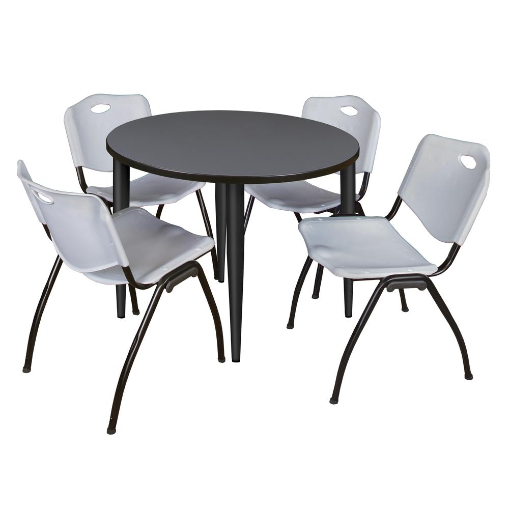 Regency Kahlo 36 in. Round Breakroom Table- Grey Top, Black Base & 4 M Stack Chairs- Grey. Picture 1