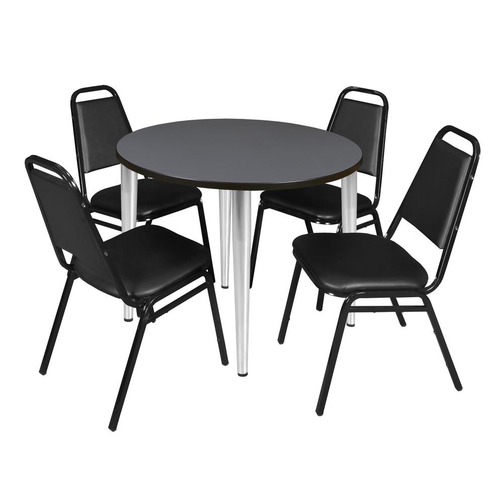 Regency Kahlo 36 in. Round Breakroom Table- Grey Top, Chrome Base & 4 Restaurant Stack Chairs- Black. Picture 1