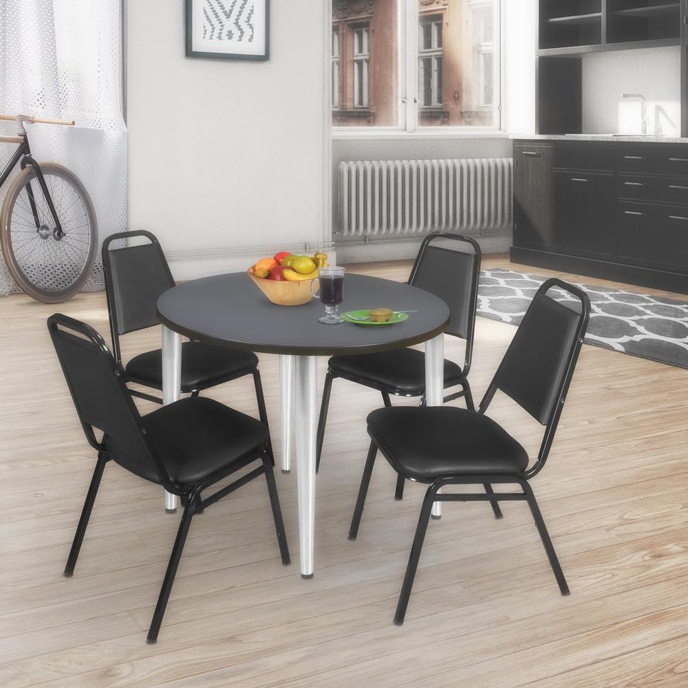 Regency Kahlo 36 in. Round Breakroom Table- Grey Top, Chrome Base & 4 Restaurant Stack Chairs- Black. Picture 7