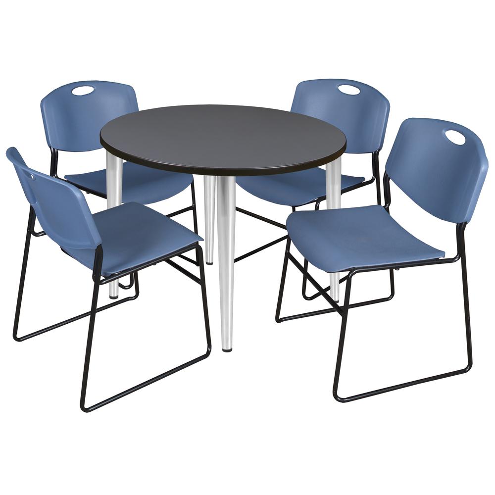 Regency Kahlo 36 in. Round Breakroom Table- Grey Top, Chrome Base & 4 Zeng Stack Chairs- Blue. Picture 1