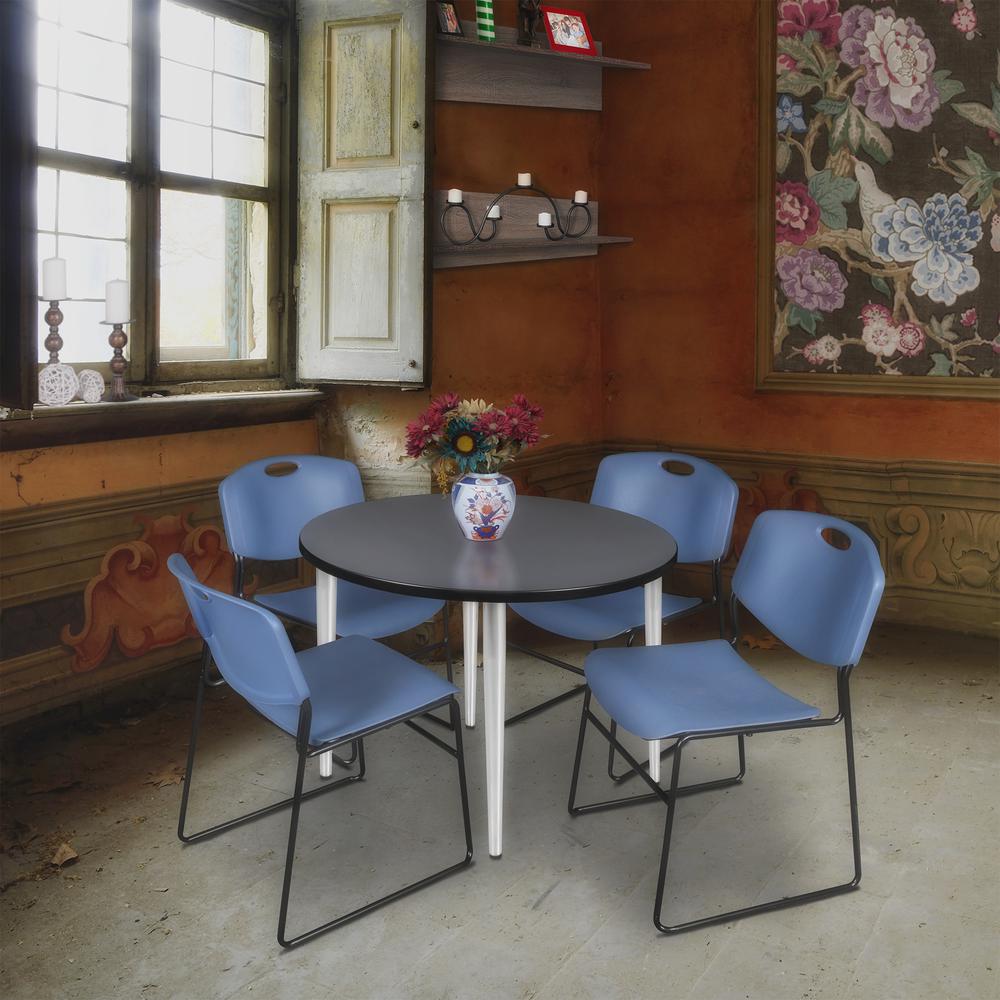Regency Kahlo 36 in. Round Breakroom Table- Grey Top, Chrome Base & 4 Zeng Stack Chairs- Blue. Picture 7