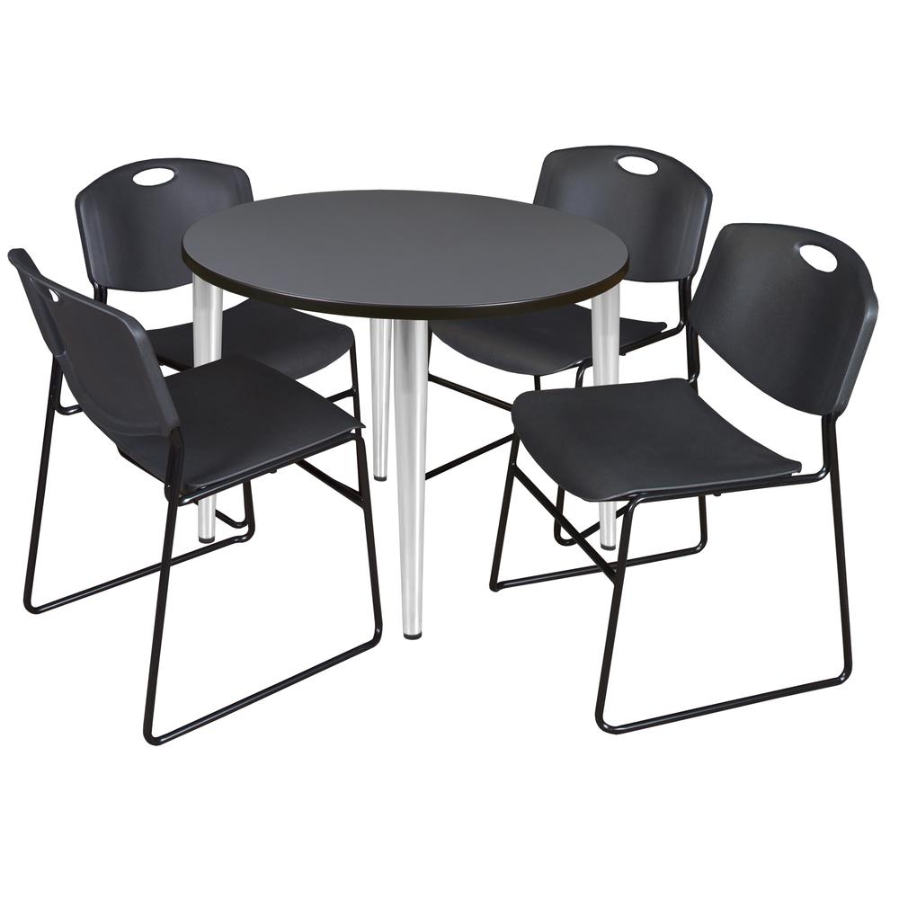 Regency Kahlo 36 in. Round Breakroom Table- Grey Top, Chrome Base & 4 Zeng Stack Chairs- Black. Picture 1