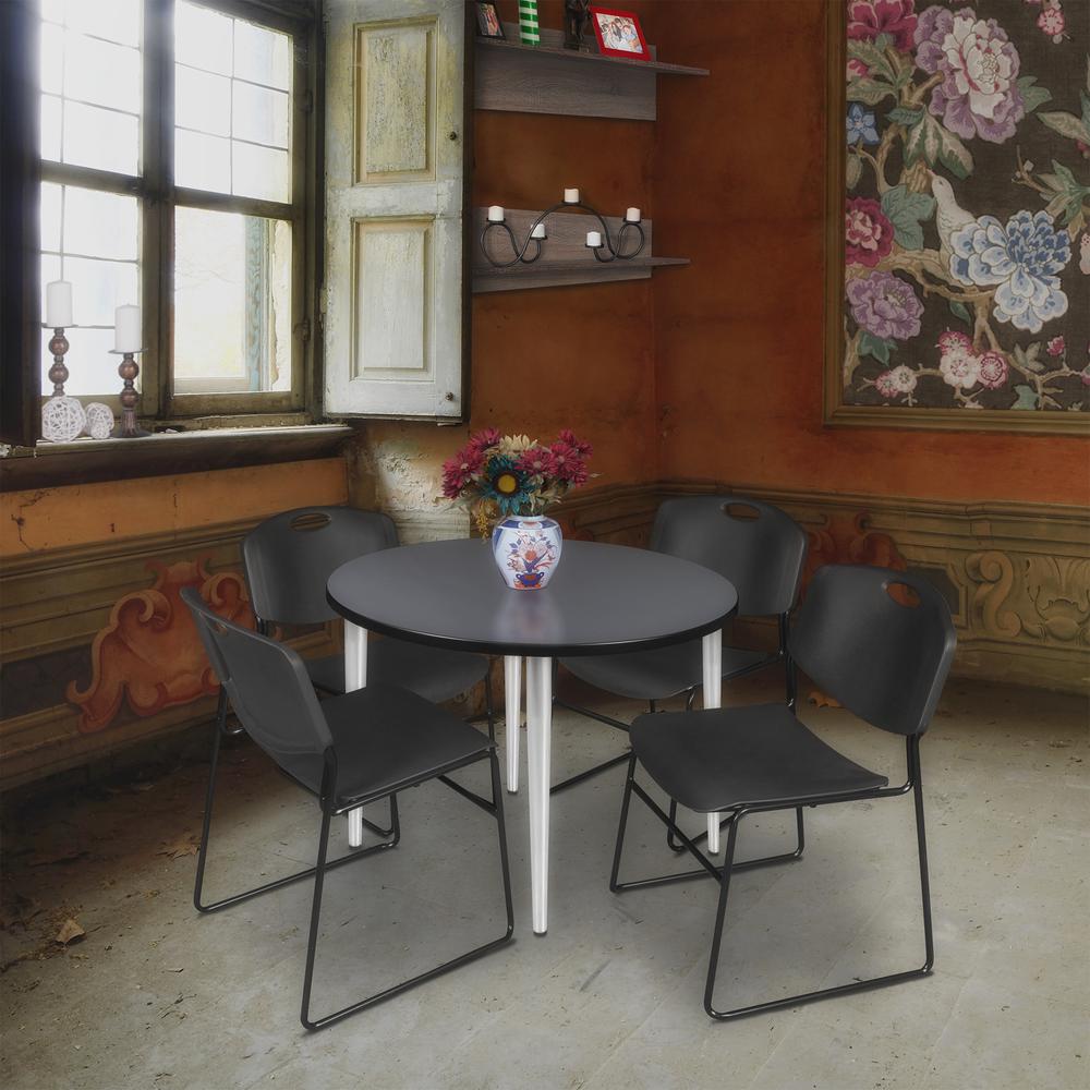 Regency Kahlo 36 in. Round Breakroom Table- Grey Top, Chrome Base & 4 Zeng Stack Chairs- Black. Picture 7