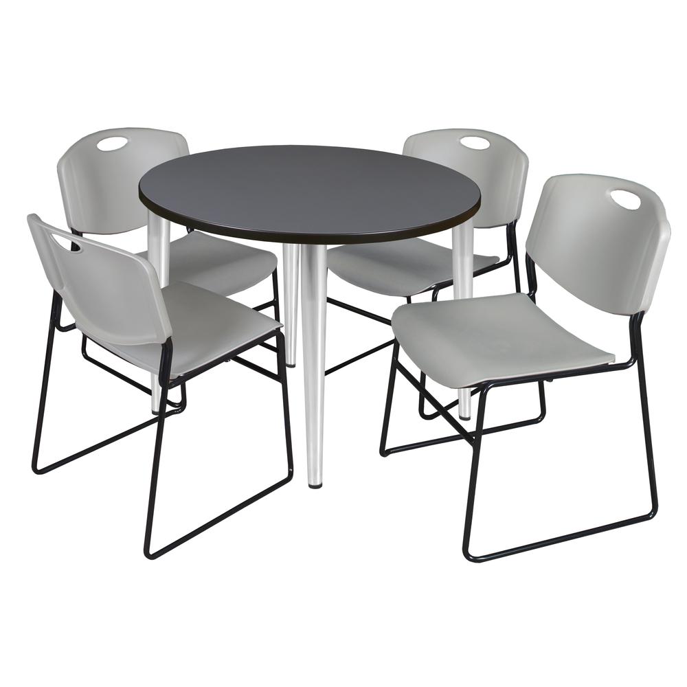 Regency Kahlo 36 in. Round Breakroom Table- Grey Top, Chrome Base & 4 Zeng Stack Chairs- Grey. Picture 1