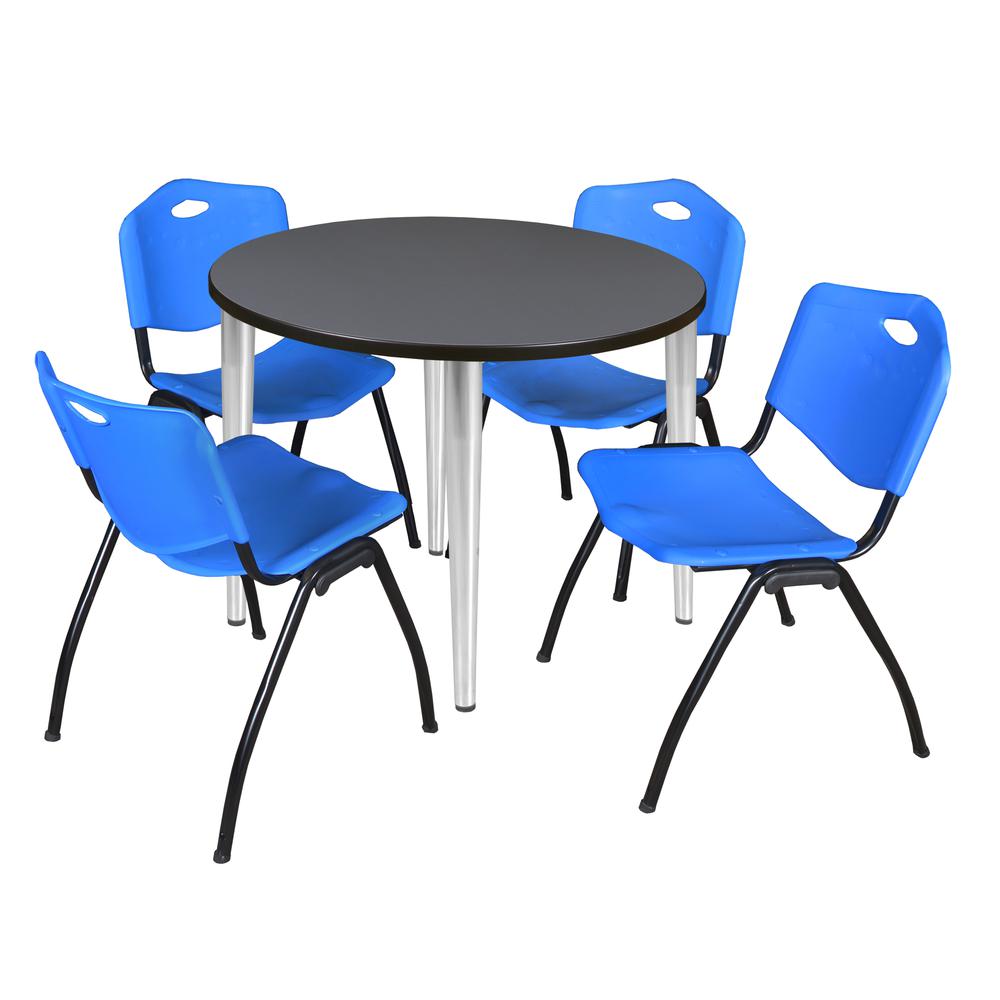Regency Kahlo 36 in. Round Breakroom Table- Grey Top, Chrome Base & 4 M Stack Chairs- Blue. Picture 1