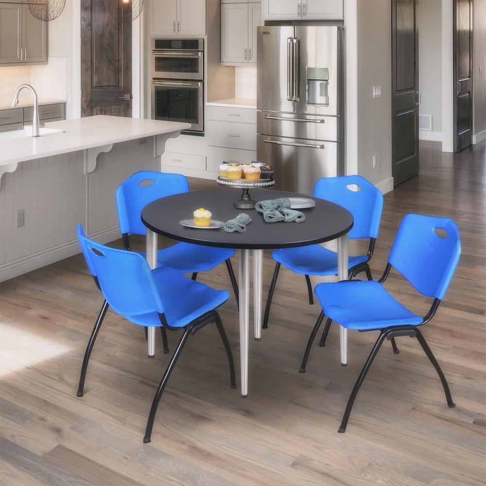 Regency Kahlo 36 in. Round Breakroom Table- Grey Top, Chrome Base & 4 M Stack Chairs- Blue. Picture 7
