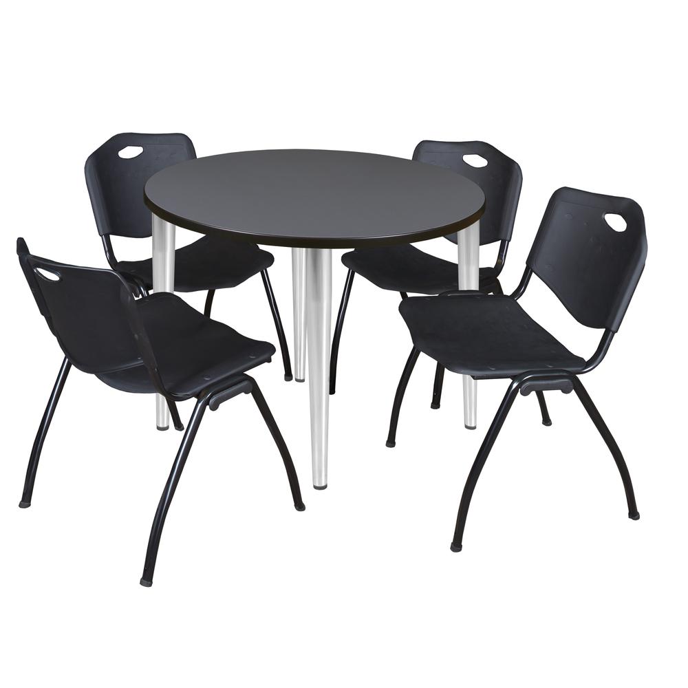 Regency Kahlo 36 in. Round Breakroom Table- Grey Top, Chrome Base & 4 M Stack Chairs- Black. Picture 1