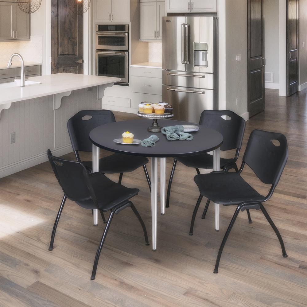 Regency Kahlo 36 in. Round Breakroom Table- Grey Top, Chrome Base & 4 M Stack Chairs- Black. Picture 7