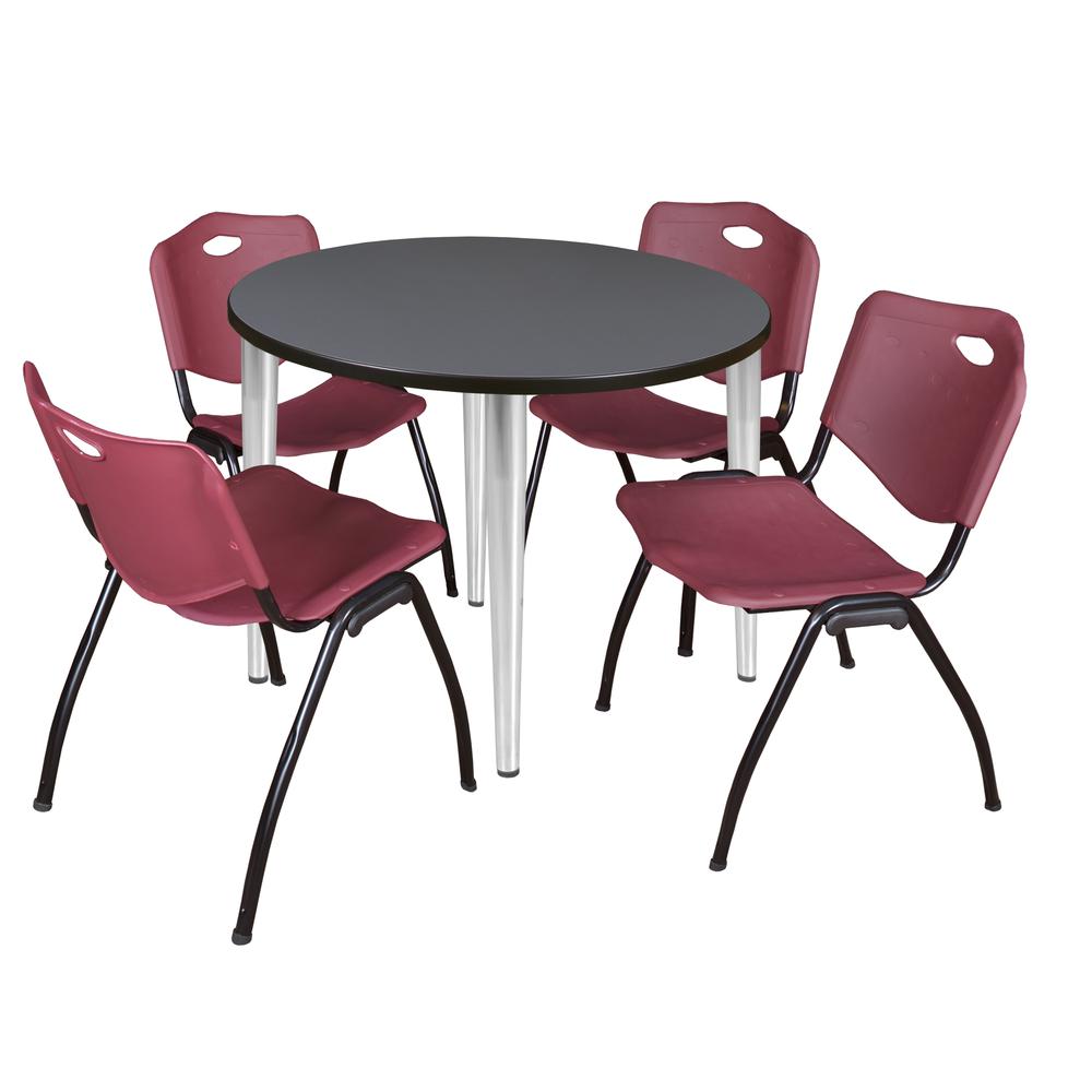 Regency Kahlo 36 in. Round Breakroom Table- Grey Top, Chrome Base & 4 M Stack Chairs- Burgundy. Picture 1