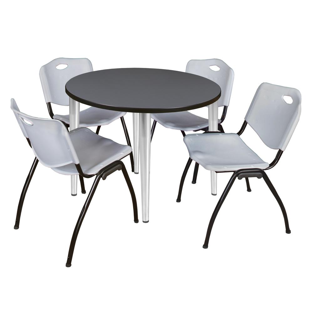 Regency Kahlo 36 in. Round Breakroom Table- Grey Top, Chrome Base & 4 M Stack Chairs- Grey. Picture 1