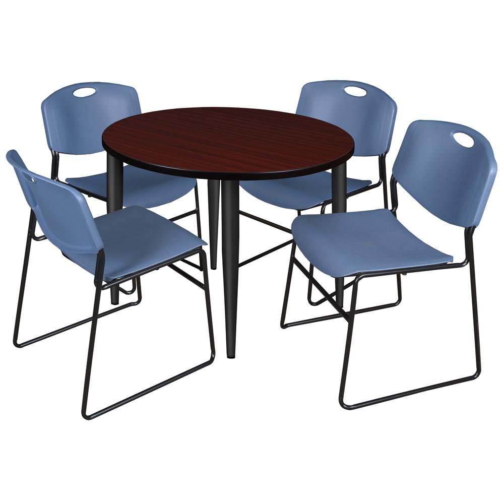 Regency Kahlo 36 in. Round Breakroom Table- Mahogany Top, Black Base & 4 Zeng Stack Chairs- Blue. Picture 1
