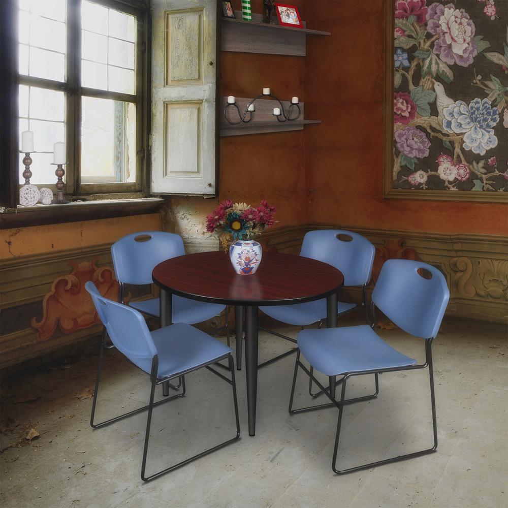 Regency Kahlo 36 in. Round Breakroom Table- Mahogany Top, Black Base & 4 Zeng Stack Chairs- Blue. Picture 7