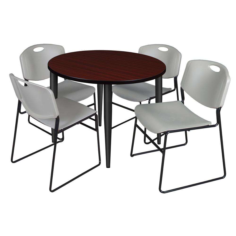 Regency Kahlo 36 in. Round Breakroom Table- Mahogany Top, Black Base & 4 Zeng Stack Chairs- Grey. Picture 1