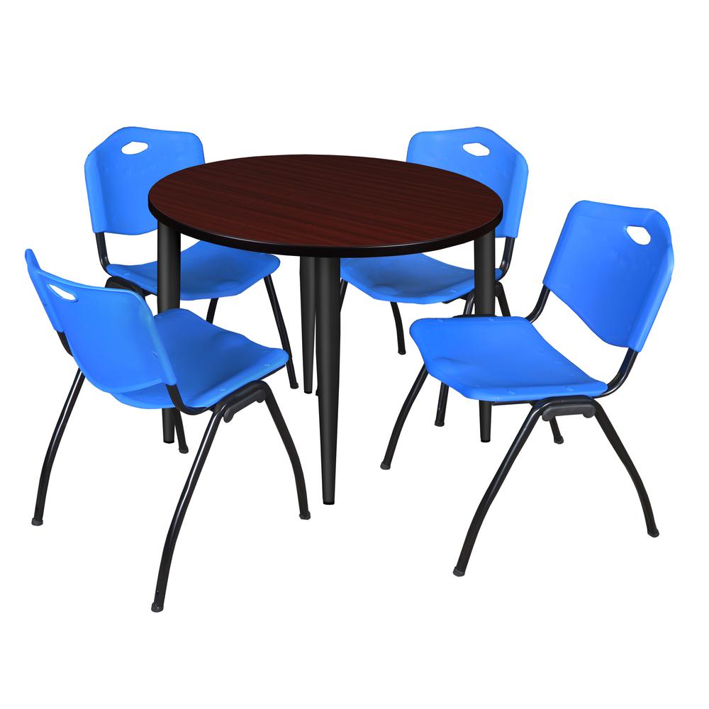 Regency Kahlo 36 in. Round Breakroom Table- Mahogany Top, Black Base & 4 M Stack Chairs- Blue. Picture 1