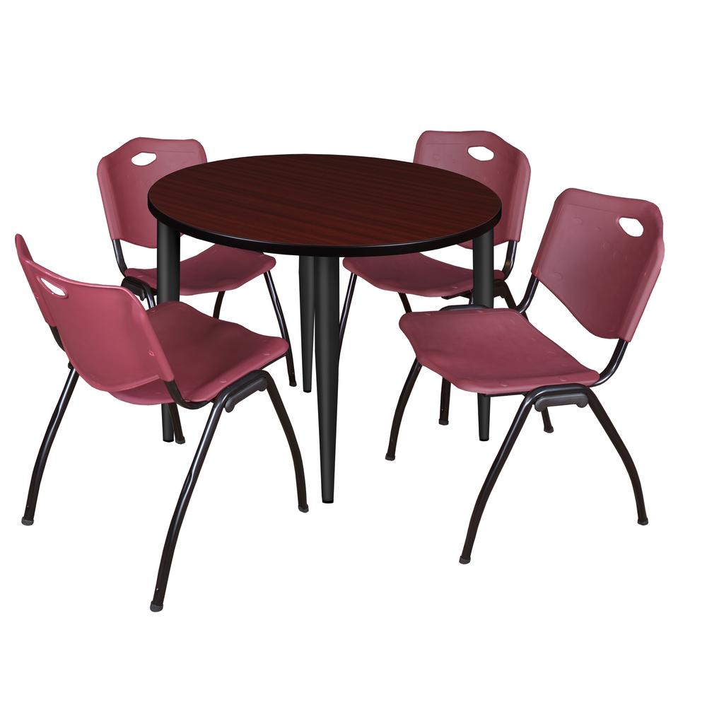 Regency Kahlo 36 in. Round Breakroom Table- Mahogany Top, Black Base & 4 M Stack Chairs- Burgundy. Picture 1