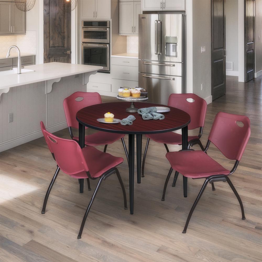 Regency Kahlo 36 in. Round Breakroom Table- Mahogany Top, Black Base & 4 M Stack Chairs- Burgundy. Picture 7