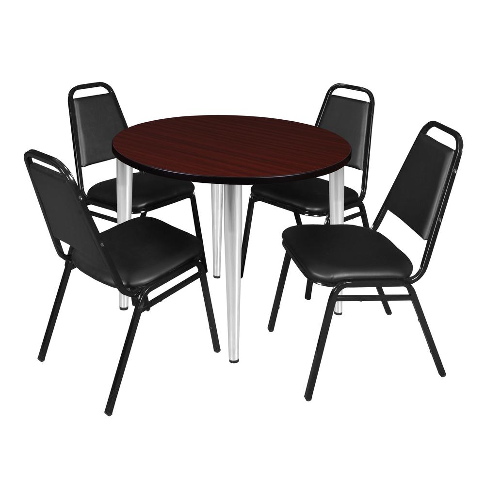 Regency Kahlo 36 in. Round Breakroom Table- Mahogany Top, Chrome Base & 4 Restaurant Stack Chairs- Black. Picture 1