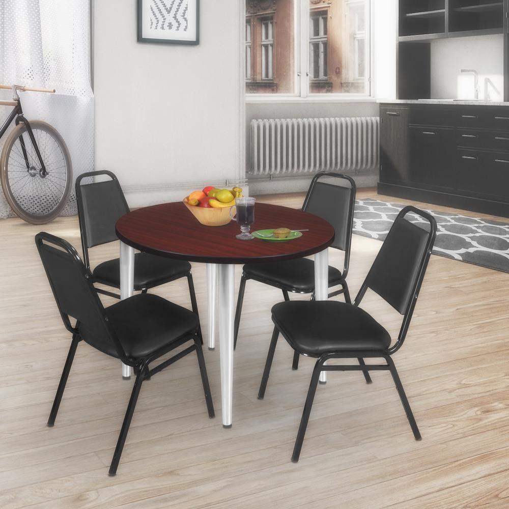 Regency Kahlo 36 in. Round Breakroom Table- Mahogany Top, Chrome Base & 4 Restaurant Stack Chairs- Black. Picture 7