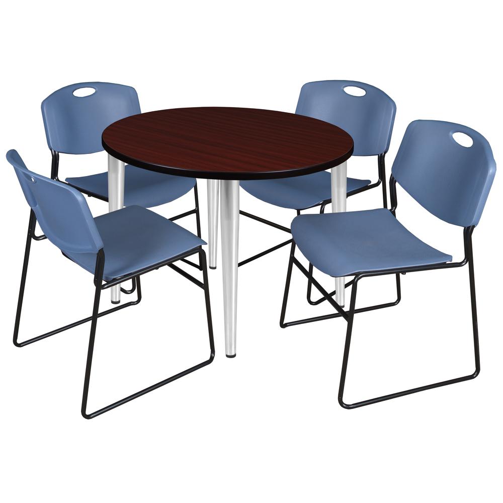 Regency Kahlo 36 in. Round Breakroom Table- Mahogany Top, Chrome Base & 4 Zeng Stack Chairs- Blue. Picture 1