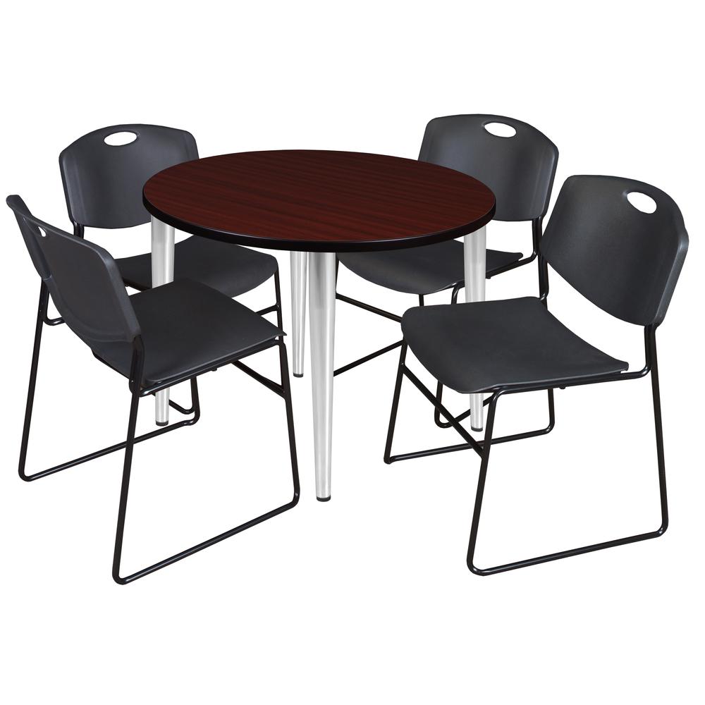 Regency Kahlo 36 in. Round Breakroom Table- Mahogany Top, Chrome Base & 4 Zeng Stack Chairs- Black. Picture 1