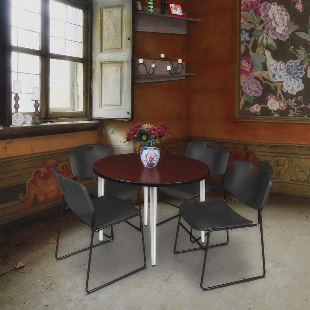 Regency Kahlo 36 in. Round Breakroom Table- Mahogany Top, Chrome Base & 4 Zeng Stack Chairs- Black. Picture 7