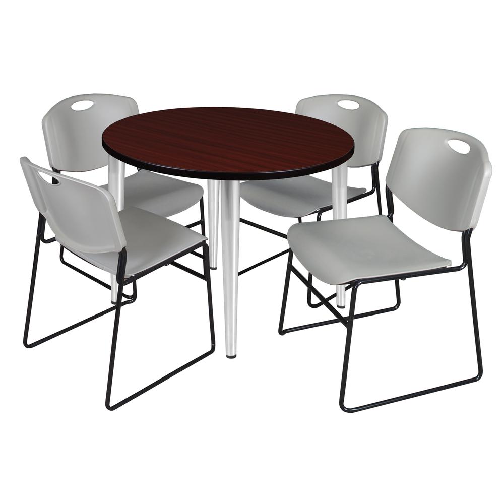 Regency Kahlo 36 in. Round Breakroom Table- Mahogany Top, Chrome Base & 4 Zeng Stack Chairs- Grey. Picture 1