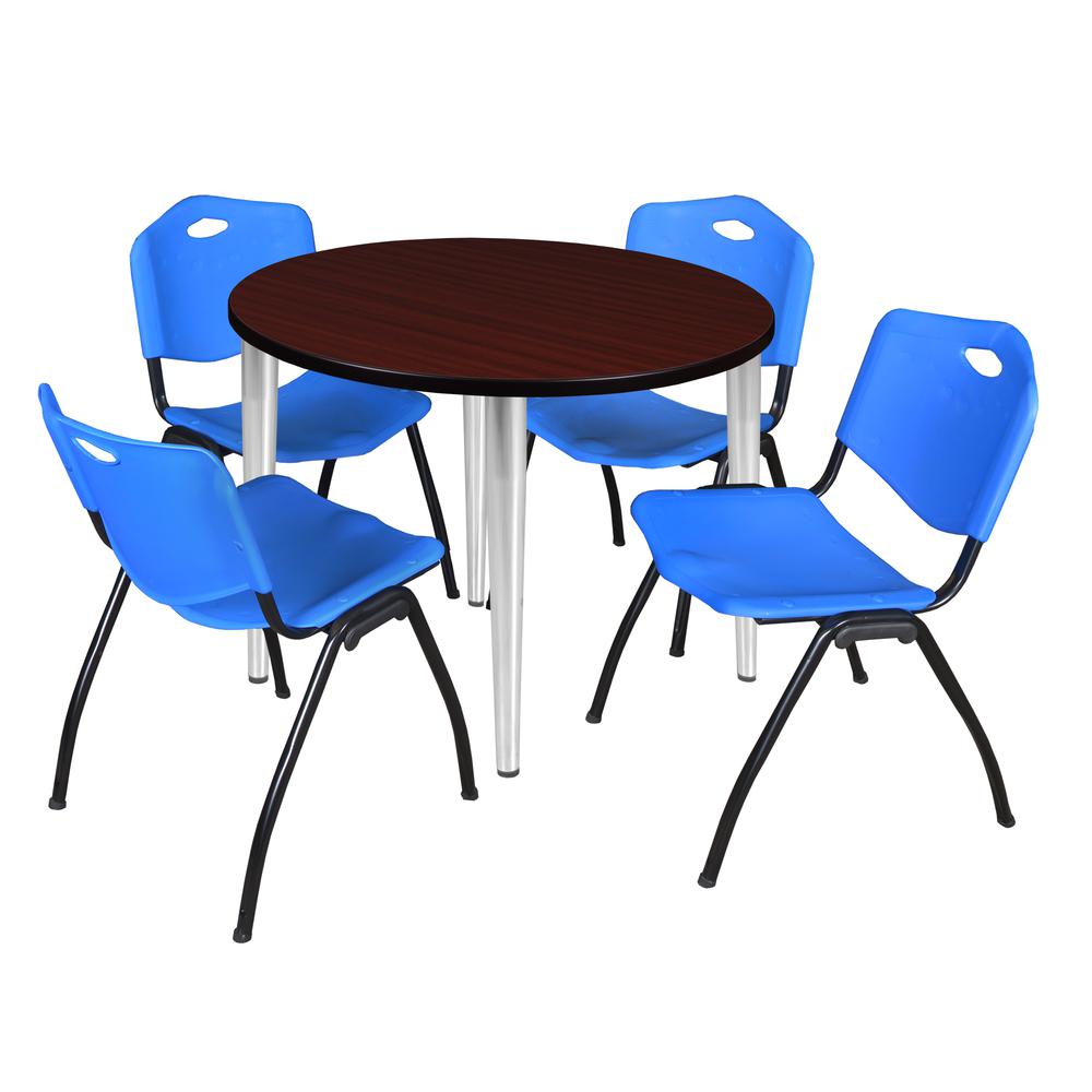 Regency Kahlo 36 in. Round Breakroom Table- Mahogany Top, Chrome Base & 4 M Stack Chairs- Blue. Picture 1
