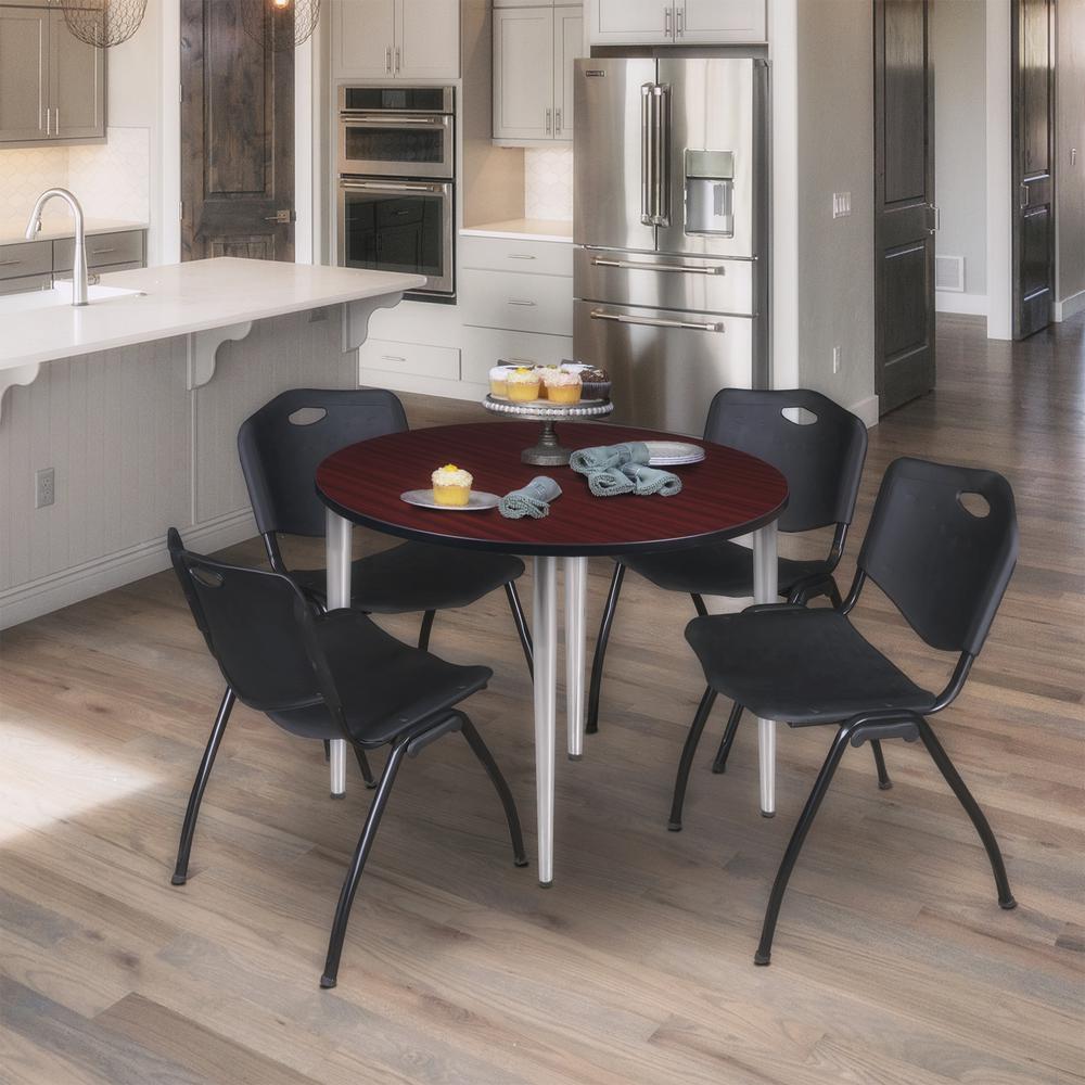 Regency Kahlo 36 in. Round Breakroom Table- Mahogany Top, Chrome Base & 4 M Stack Chairs- Black. Picture 7