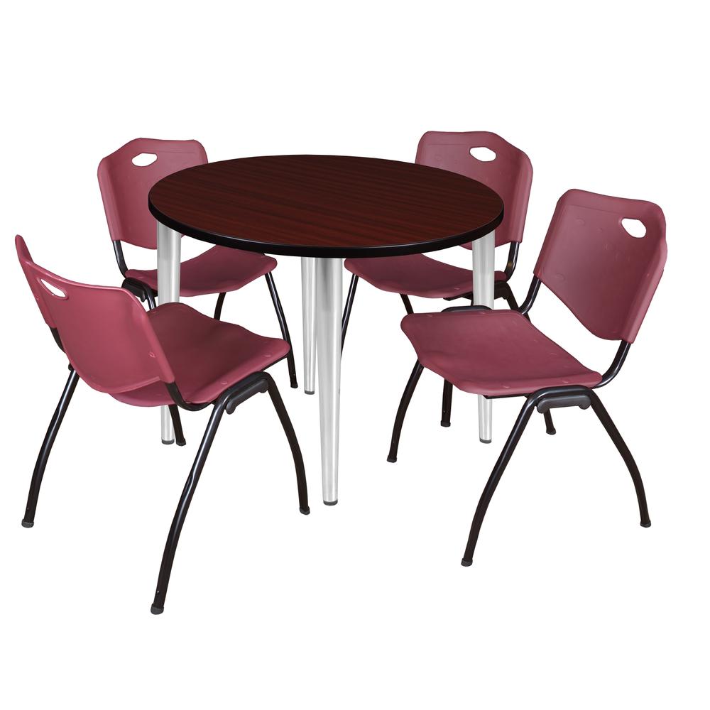 Regency Kahlo 36 in. Round Breakroom Table- Mahogany Top, Chrome Base & 4 M Stack Chairs- Burgundy. Picture 1