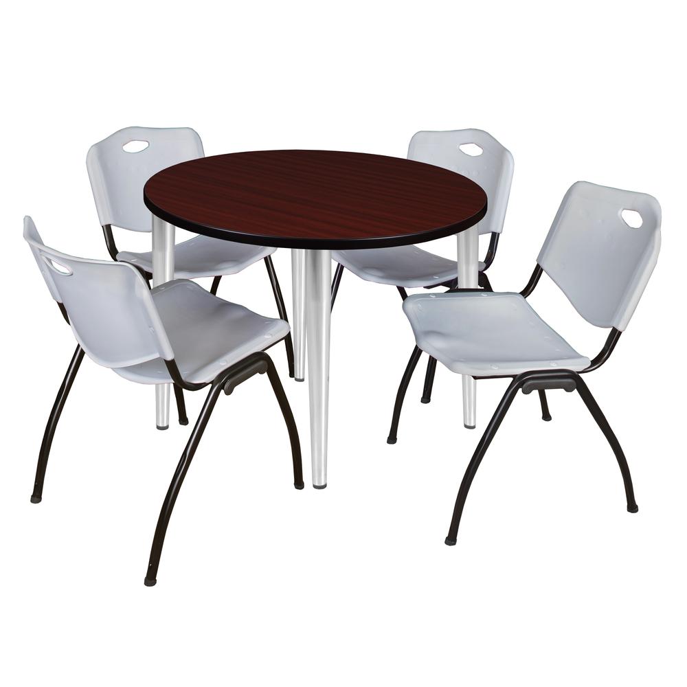 Regency Kahlo 36 in. Round Breakroom Table- Mahogany Top, Chrome Base & 4 M Stack Chairs- Grey. Picture 1