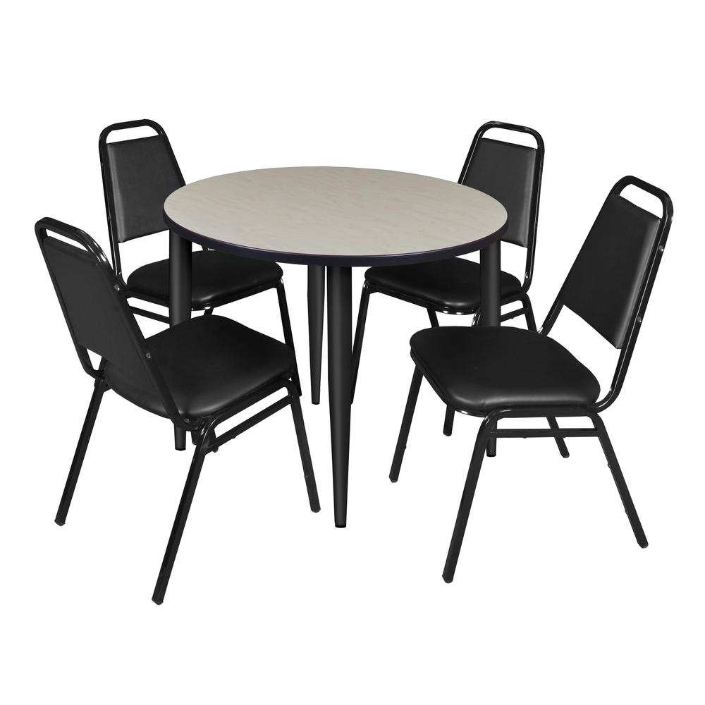 Regency Kahlo 36 in. Round Breakroom Table- Maple Top, Black Base & 4 Restaurant Stack Chairs- Black. Picture 1