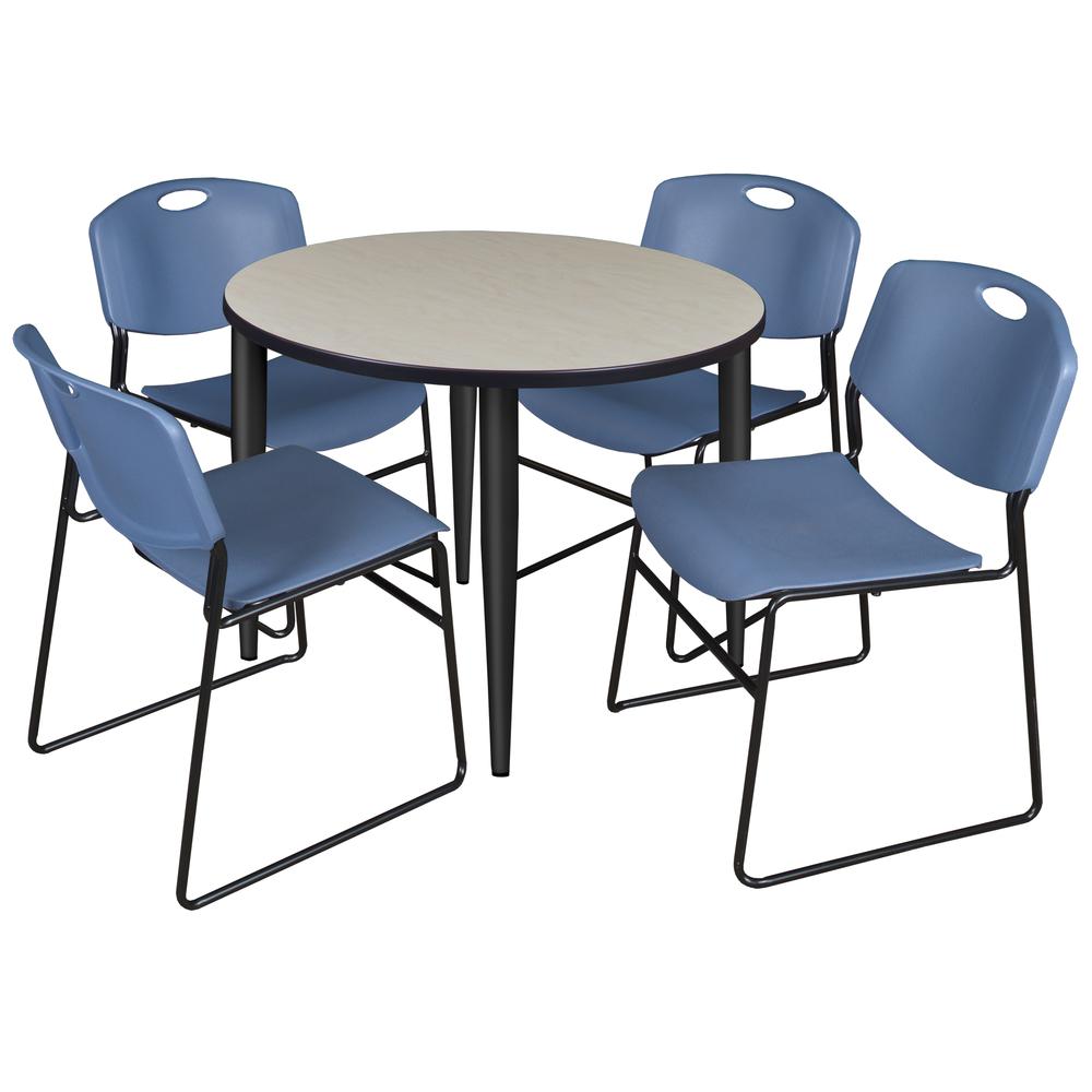 Regency Kahlo 36 in. Round Breakroom Table- Maple Top, Black Base & 4 Zeng Stack Chairs- Blue. Picture 1