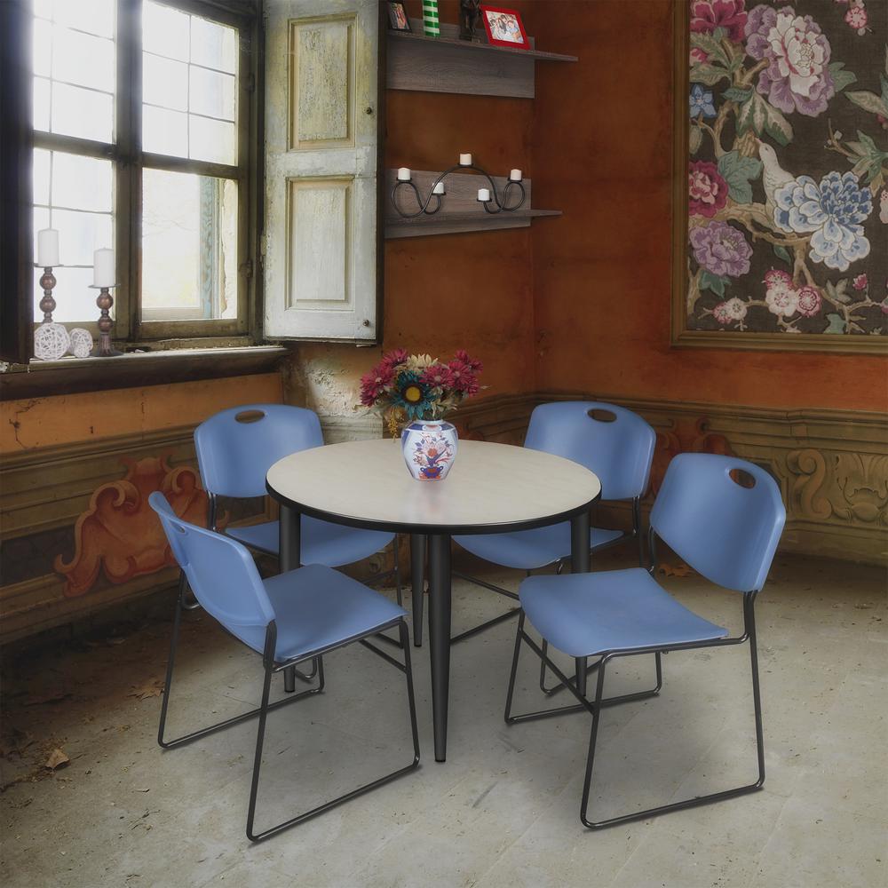 Regency Kahlo 36 in. Round Breakroom Table- Maple Top, Black Base & 4 Zeng Stack Chairs- Blue. Picture 7